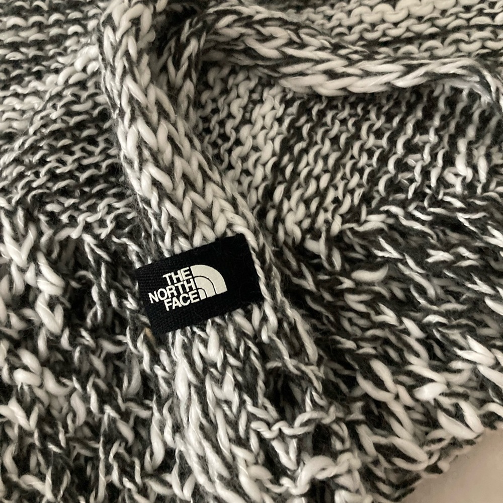 Gray and white knit infinity scarf